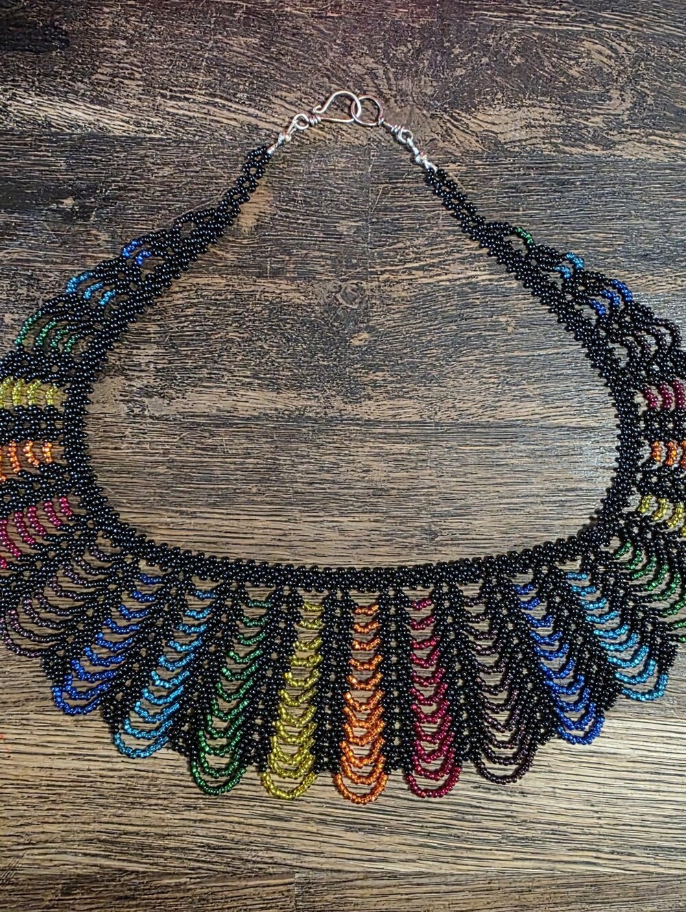 Rainbow Seed Bead Artisanal Clasp Lace Bib Necklace 19.5" Sterling Silver